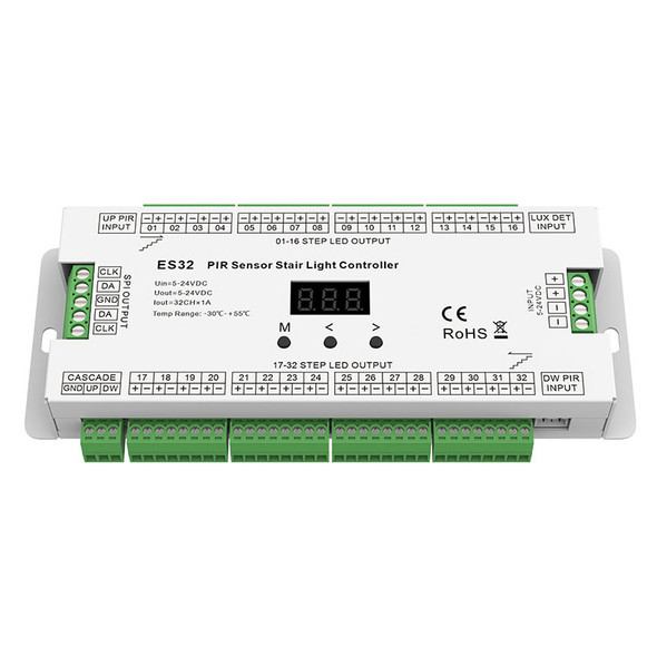ES32 stair light controller side view showing 32 constant voltage output channels