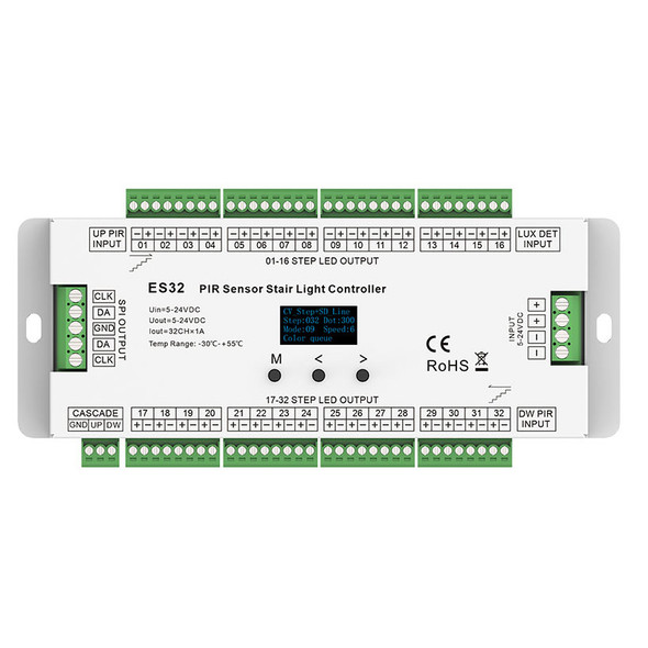 ES32 32-channel PIR sensor stair light controller with OLED display and green screw terminals