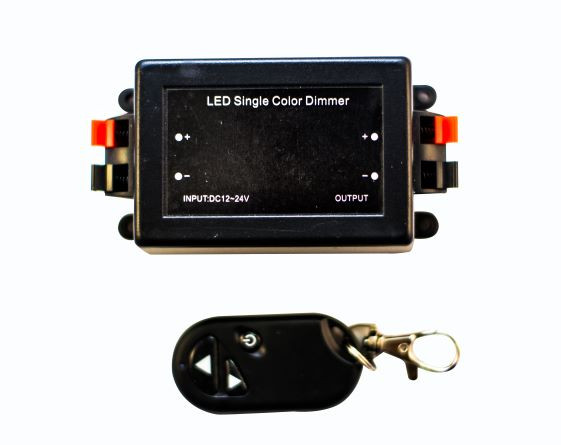 LED dimmer controller with 3 button remote for simple brightness and on off control of LED strip lighting