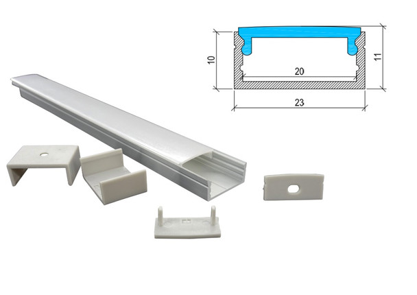 Wide surface mounted LED profile kit with aluminium channel diffuser end caps and mounting accessories