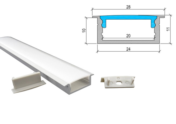 Wide recessed LED profile kit with aluminium channel diffuser end caps and mounting accessories