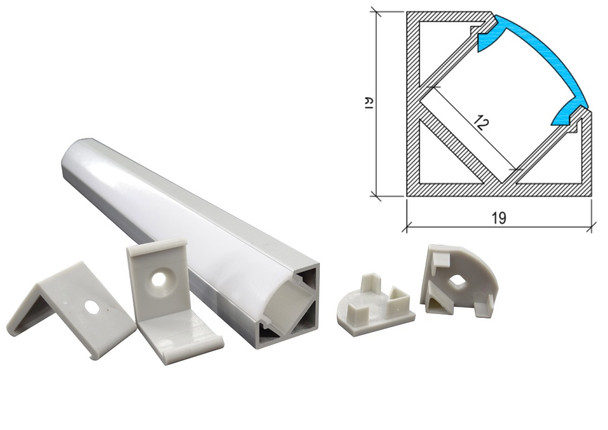 Corner LED profile PA-03 Type 2 kit with aluminium channel diffuser end caps and mounting accessories
