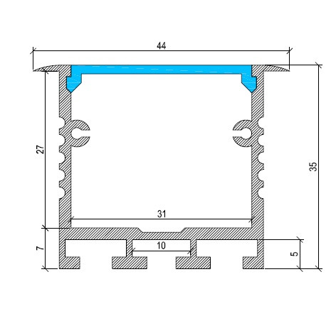 Box recessed LED profile cross section with dimensions showing deep aluminium channel for LED strip installation