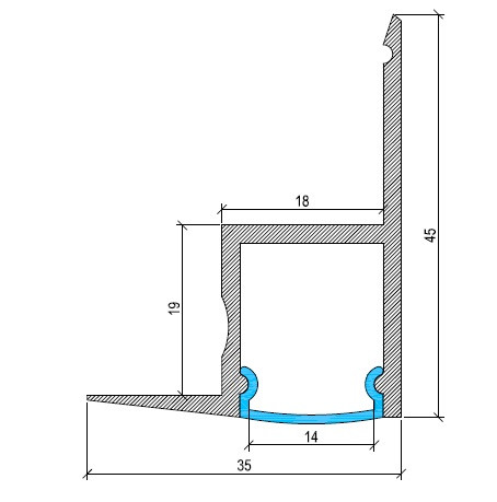 Corner ceiling recessed LED profile cross section showing angled aluminium channel for wall to ceiling installation