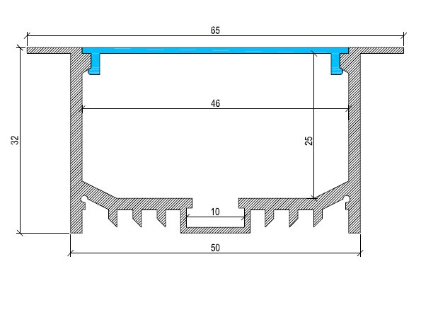 Wide box recessed LED profile cross section with dimensions showing large aluminium channel for high output lighting