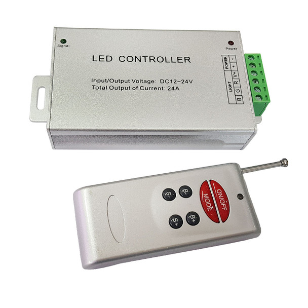 RGB LED controller with 6 key RF remote and aluminium casing for durable lighting control