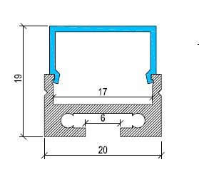 Suspended aluminium LED profile cross section with square diffuser showing modern linear pendant lighting design