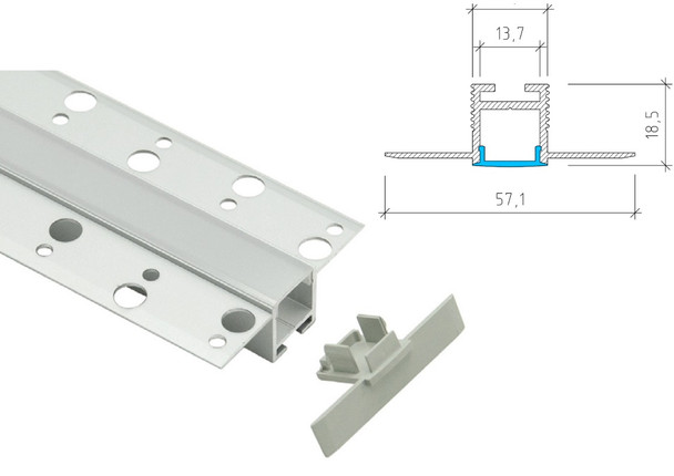 Plaster in LED profile PA kit with aluminium channel diffuser end caps and mounting accessories