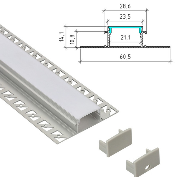 Tile plaster in LED profile kit with aluminium channel diffuser end caps and mounting accessories