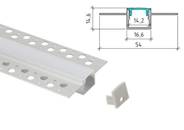 Plaster in LED profile PA-44 Type 3 kit with aluminium channel diffuser end caps and mounting accessories