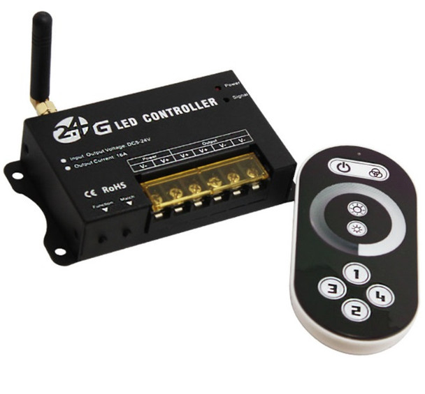 2.4G RF LED dimmer controller with remote for wireless brightness control of LED strip lighting
