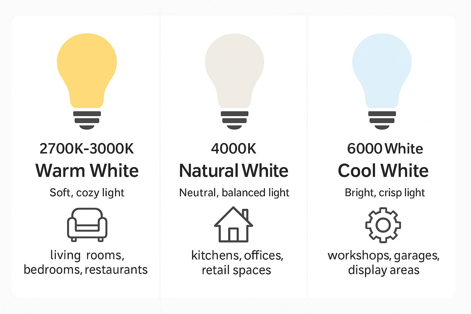 2700–3000K Warm White, 4000K Natural White, 6000K Cool White comparison