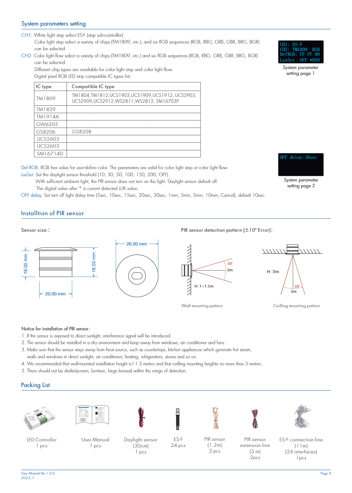 ES24 PIR sensor installation dimensions and detection pattern