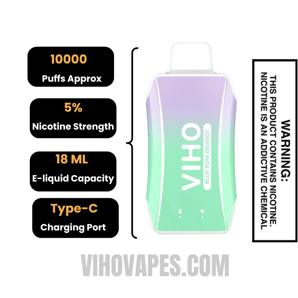 Blue Pom Orange Viho Turbo Vape Specifications