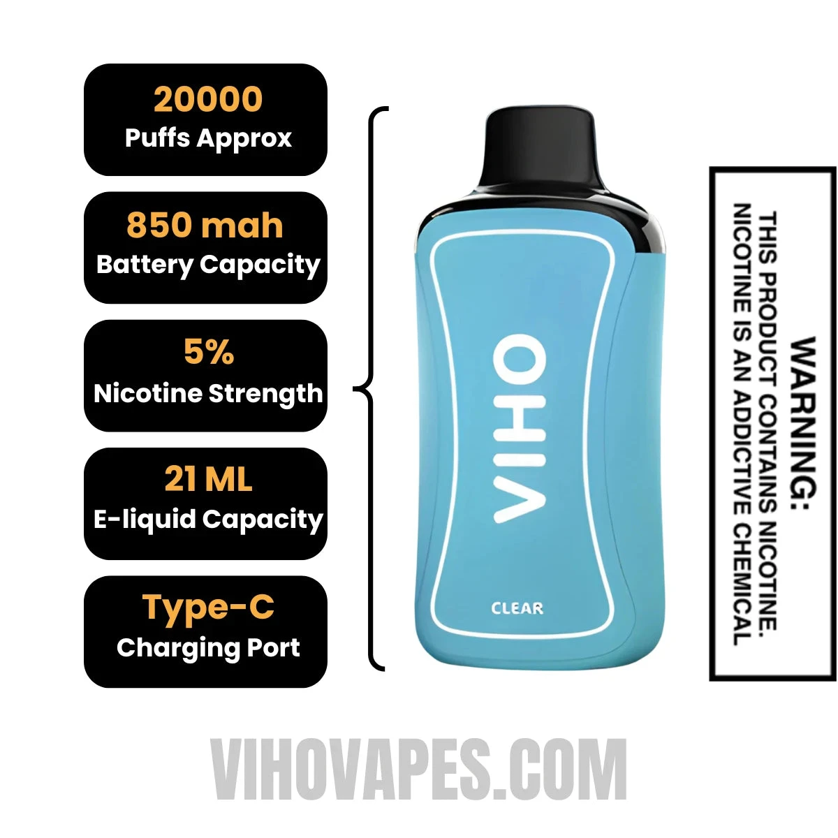 Clear (Blue Box) VIHO Supercharge 20k Disposable Vape Specifications