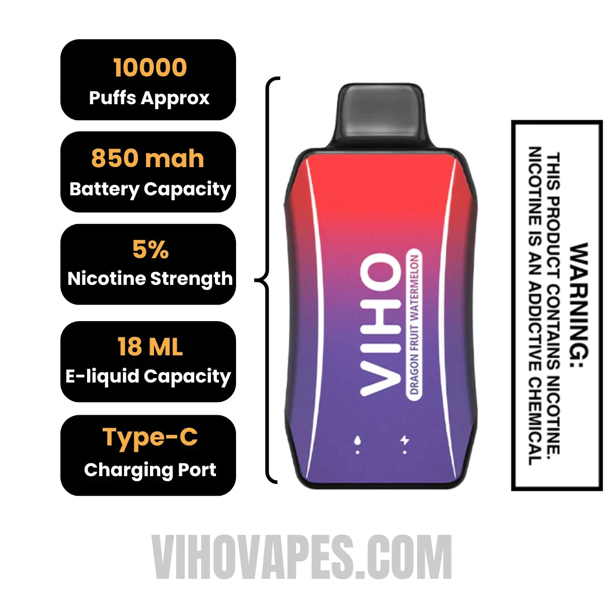 Dragon Fruit Watermelon VIHO Turbo Vape 10000 Puffs Specifications