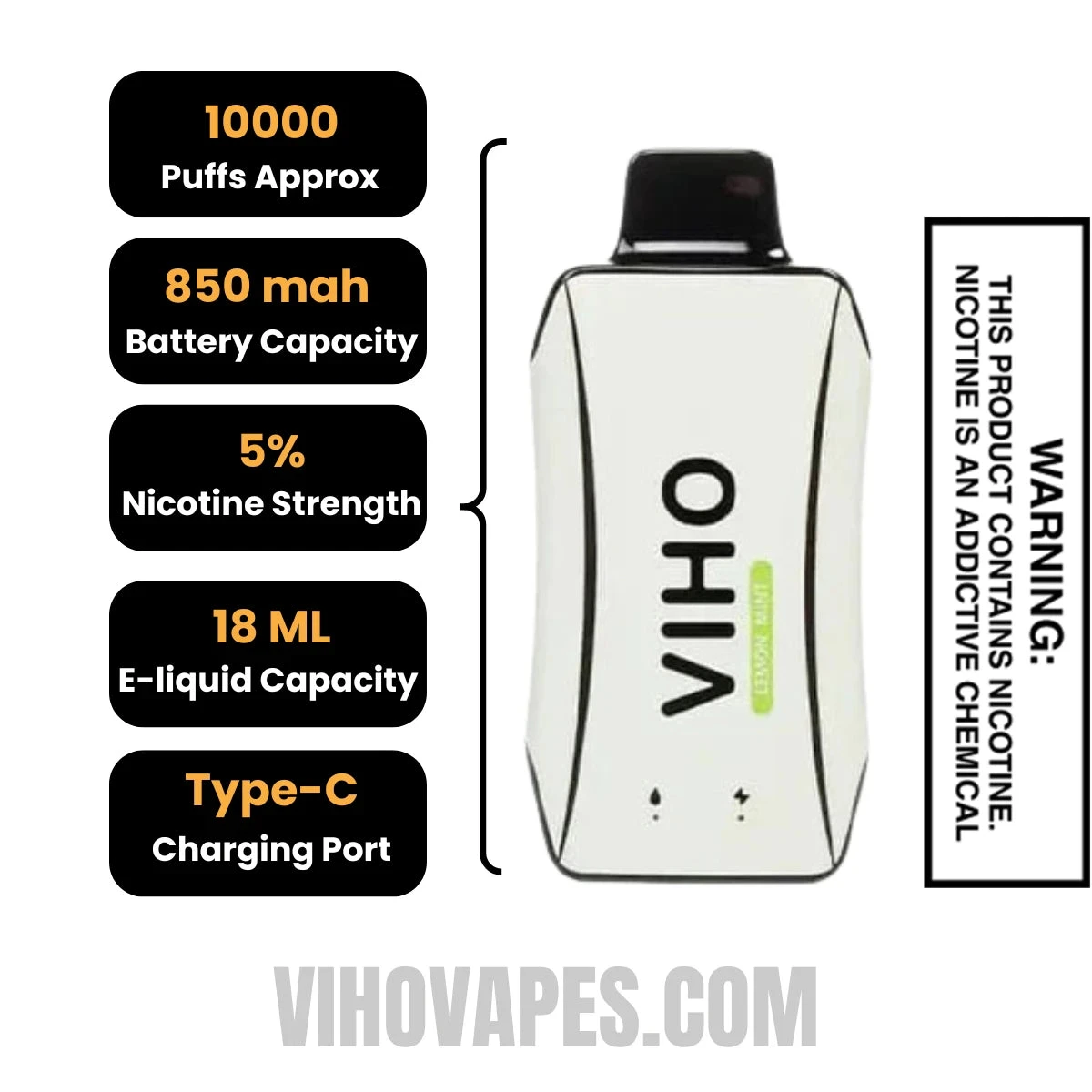 Lemon Mint VIHO Turbo Vape 10000 Puffs Specifications