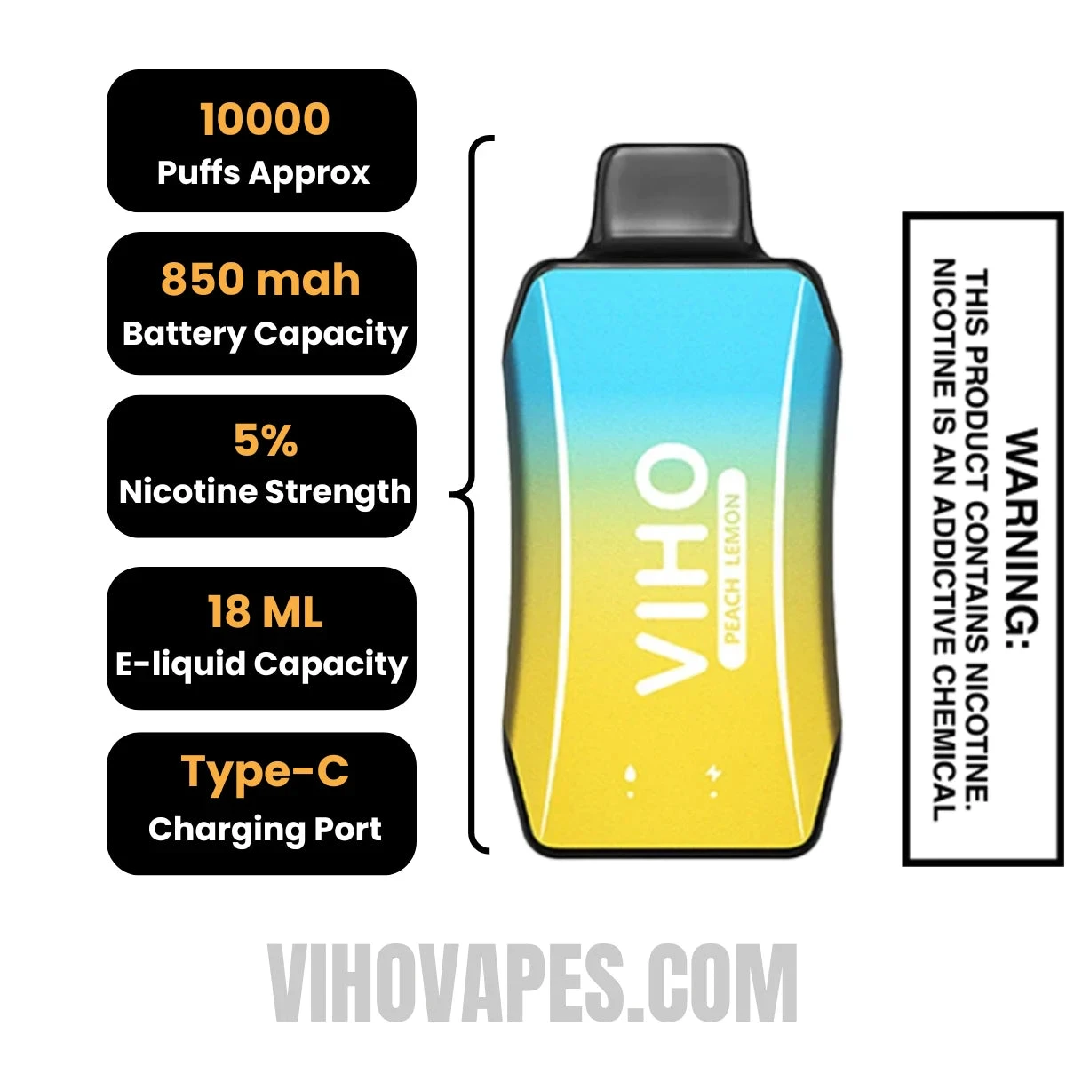 Peach Lemon VIHO Turbo Vape 10000 Puffs Specifications