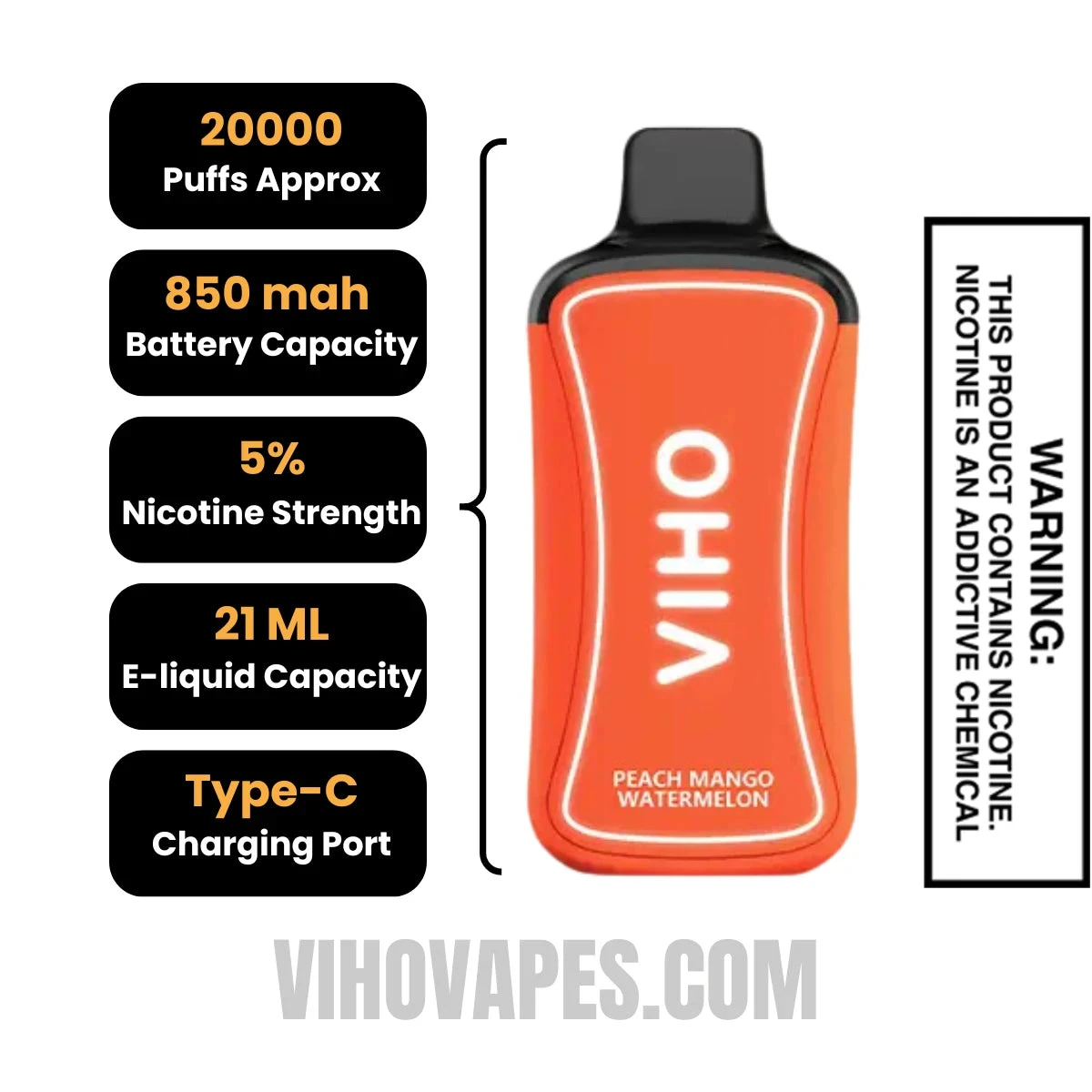 Peach Mango Watermelon VIHO Supercharge 20000 Puffs Vape Specifications