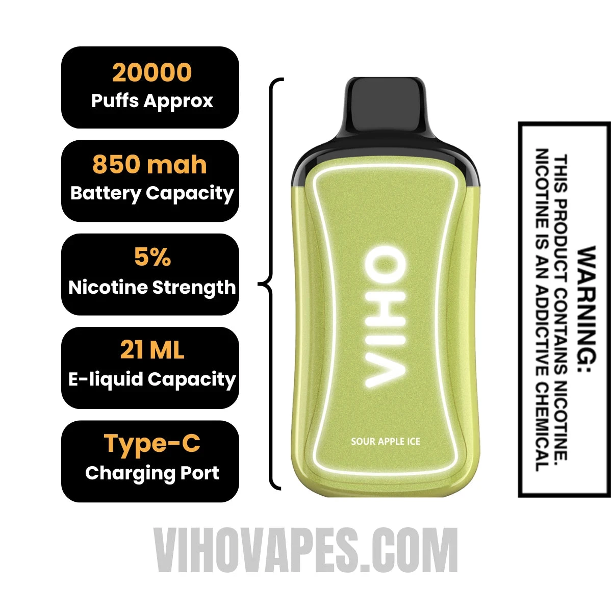 Sour Apple Ice VIHO Supercharge ZERO Nicotine Vape Specification