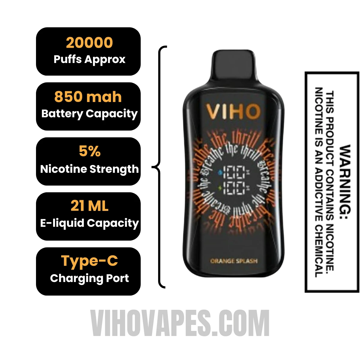 Viho Orange Splash Supercharge Pro Vape 20000 Puffs Specifications