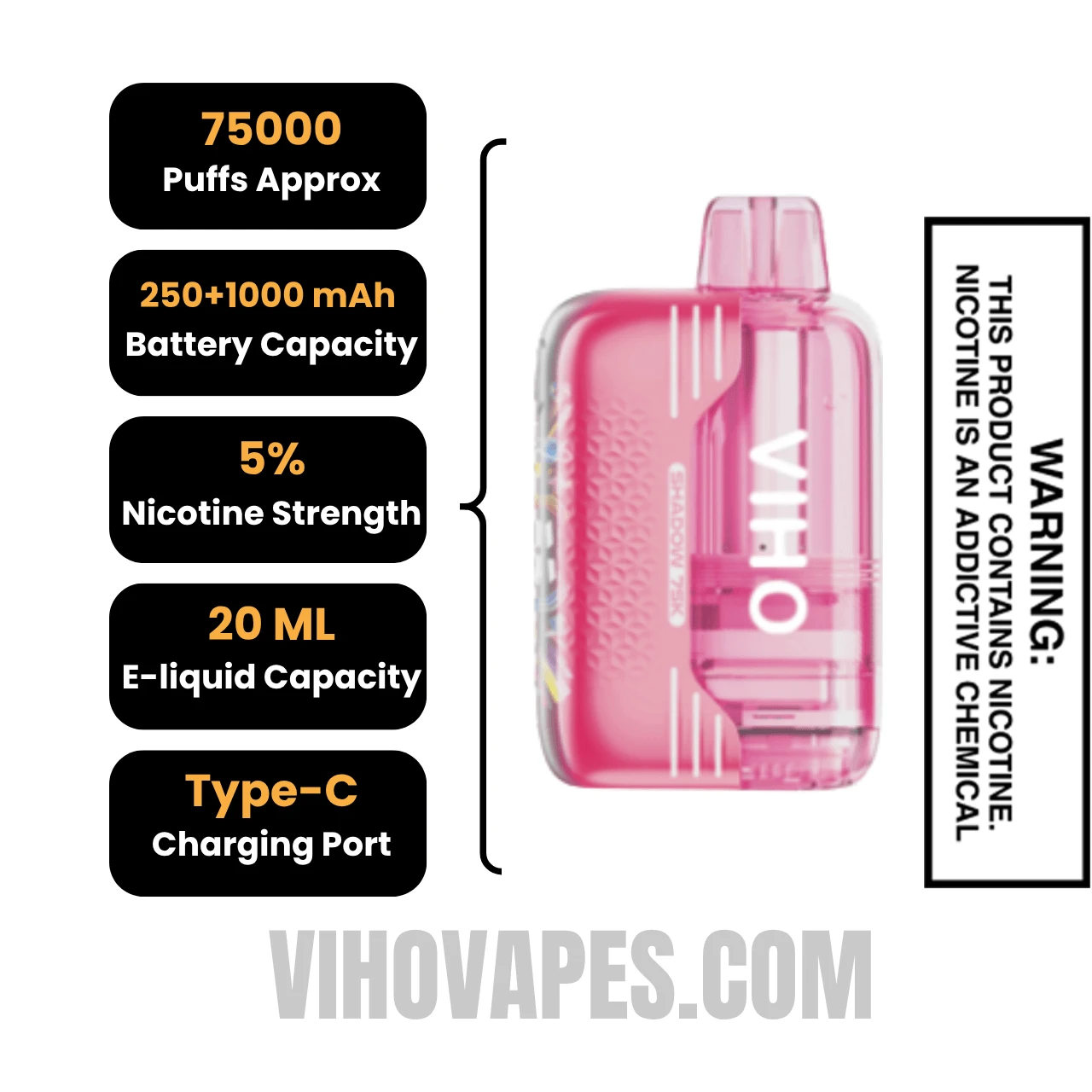 Sour Strawberry VIHO Shadow 75K Vape Kit Specifications
