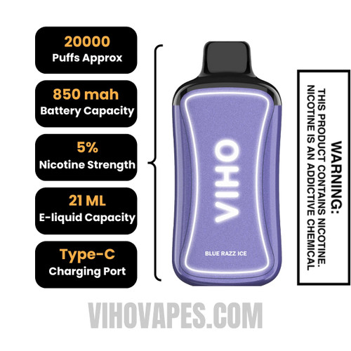 Blue Razz Ice VIHO Supercharge ZERO Nicotine Vape Specification