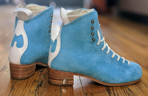 Pre-order Moxi Roller Skates "True Blue" Jack boots with banana cream liners and leather heel and soles.