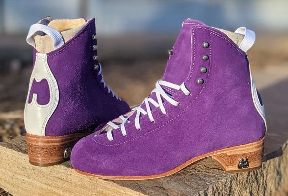 Pre-order Moxi Taffy Purple Jack boots with banana cream liners and cork heel and leather soles.