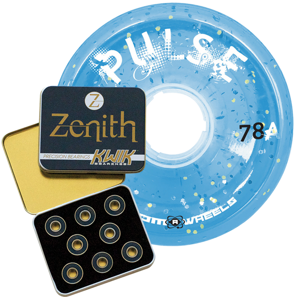 Atom - Pulse Blue Glitter Wheels (Set of 4) and 8mm Kwik Zenith Bearings (Set of 8) Bundle