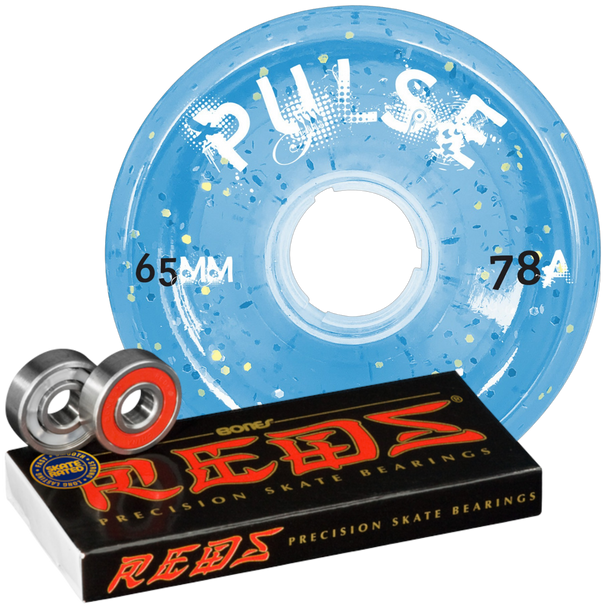 Atom - Pulse Blue Glitter Wheels (Set of 4) and 8mm Bones Reds Bearings (Set of 8) Bundle