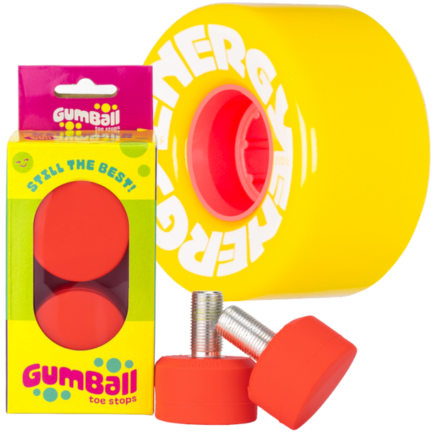 Radar - Yellow Energy 57mm Wheel (Set of 8 Wheels) and Long Stem Watermelon Gumball Toe Stop (Set of 2) Bundle