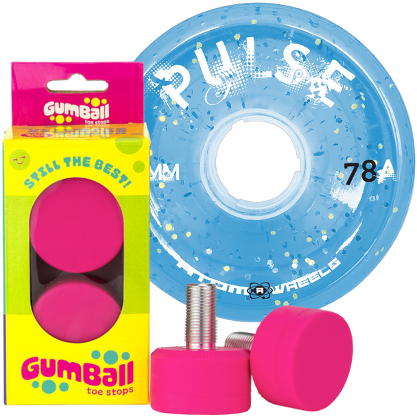 Atom - Pulse Blue Glitter Outdoor Wheel and Long Stem Cherry Gumball Toe Stop Bundle