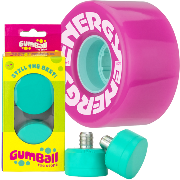 Radar - Purple Energy 57mm Outdoor Wheel and Short Stem Mint Gumball Toe Stop Bundle