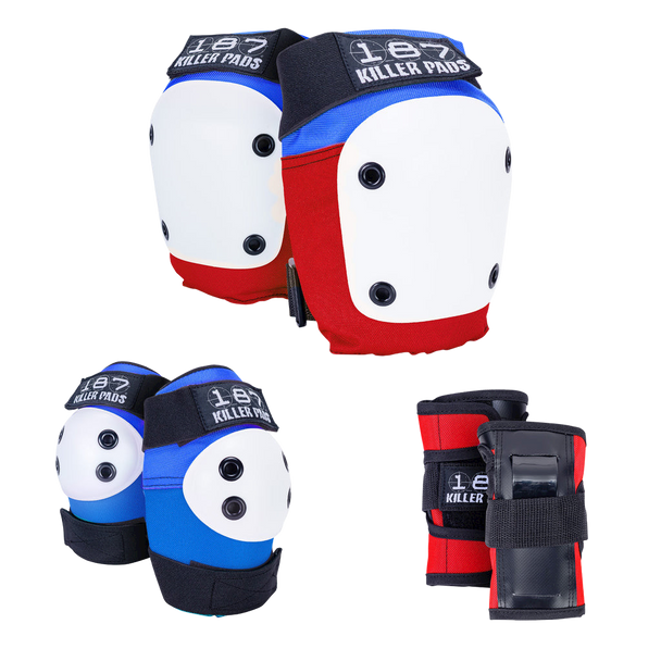187 Killer Pads - Kids Red/White/Blue JR Six Pack - Knee, Elbow & Wrist Safety Gear Set
