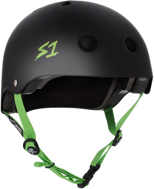 S1 Lifer Helmet - Matte Black with Green Straps | Adult Skate Helmets from S-One