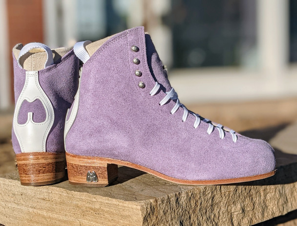 Pre-order Moxi Roller Skates Lilac Jack boots with banana cream liners and cork heel and leather soles.