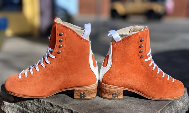 Pre-order Moxi Clementine orange Jack boots with banana cream liners and cork heel and leather soles.