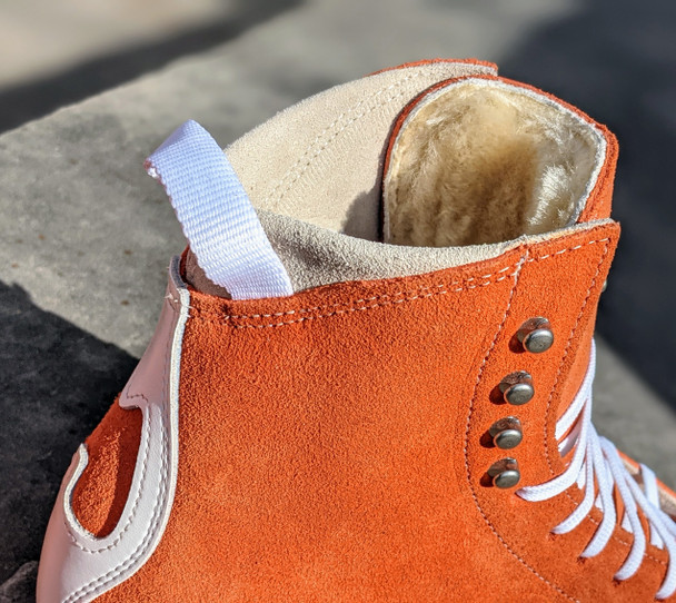 Pre-order Moxi Clementine orange Jack boots with banana cream liners and cork heel and leather soles.