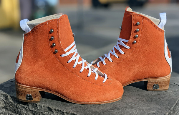Pre-order Moxi Clementine orange Jack boots with banana cream liners and cork heel and leather soles.