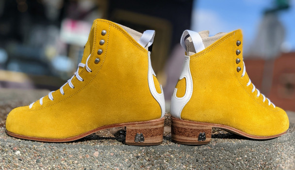 Pre-order Moxi Pineapple Yellow Jack boots with banana cream liners and cork heel and leather soles.