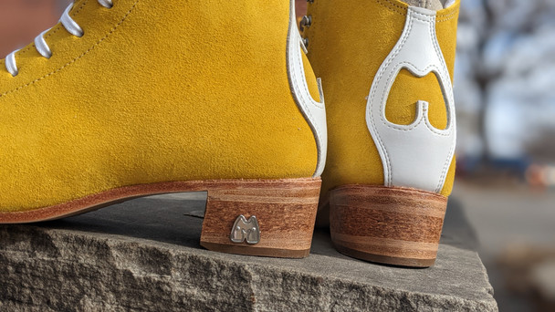 Pre-order Moxi Pineapple Yellow Jack boots with banana cream liners and cork heel and leather soles.