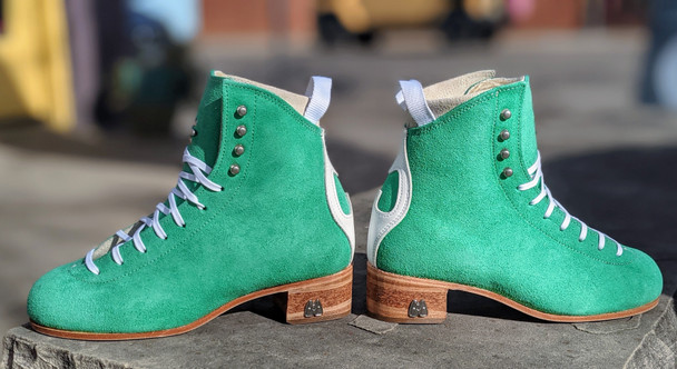 In Stock Custom - Moxi Green Apple Jack boots with banana cream liners and cork heel and leather soles.