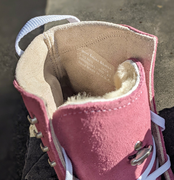 Instock Custom - Moxi Dusty Rose Jack boots with banana cream liners and cork heel and leather soles.