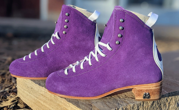 In stock Custom - Moxi Taffy Purple Jack boots with banana cream liners and cork heel and leather soles.