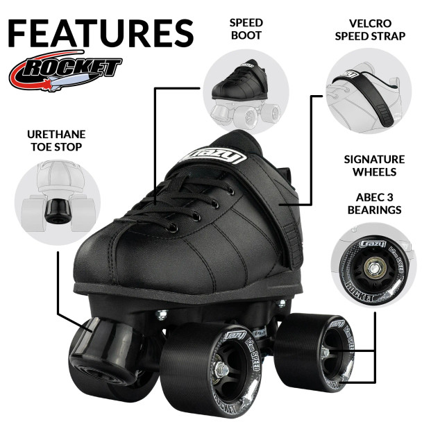 Crazy Skates - Rocket Black/Black - JR Quad Skates  ( USA sizes J10 - 7 )