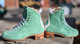 Pre-order Moxi Floss Teal Jack boots with banana cream liners and cork heel and leather soles.