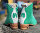 In Stock Custom - Moxi Green Apple Jack boots with banana cream liners and cork heel and leather soles.