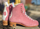Instock Custom - Moxi Dusty Rose Jack boots with banana cream liners and cork heel and leather soles.