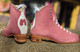 Instock Custom - Moxi Dusty Rose Jack boots with banana cream liners and cork heel and leather soles.